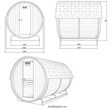 Technische tekening van een barrelsauna met afmetingen