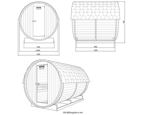 Technische tekening van een barrelsauna met afmetingen