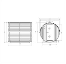 Technische tekening van een barrelsauna met maatvoering