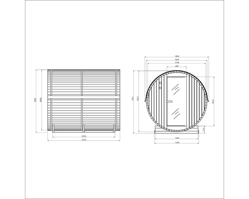 Technische tekening van een barrelsauna met maatvoering