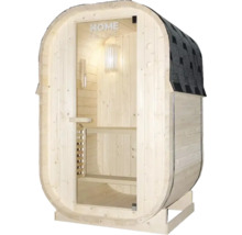 Vatvormige sauna met glazen deur en dakshingles