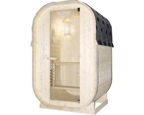 Vatvormige sauna met glazen deur en dakshingles