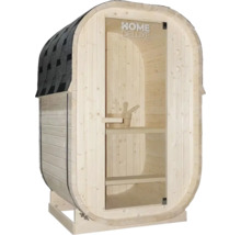 Vatvormige sauna met glazen deur en dakshingles