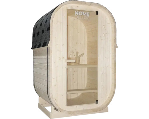 Vatvormige sauna met glazen deur en dakshingles