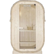Sauna van hout met glazen deur en Home Deluxe logo