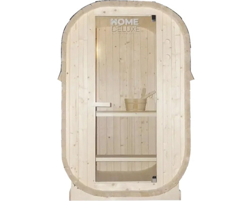 Sauna van hout met glazen deur en Home Deluxe logo