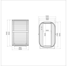 Technische tekening van een sauna met afmetingen