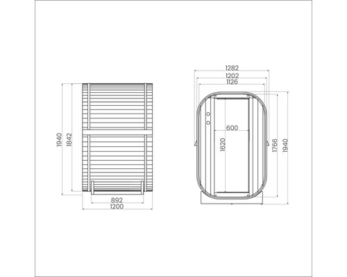 Technische tekening van een sauna met afmetingen