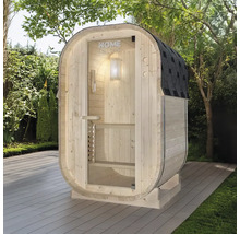 Houten sauna met glazen deur en dakleer in de tuin.