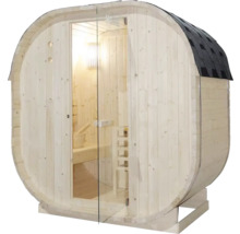 Vatvormige sauna met glazen deur en dakbedekking
