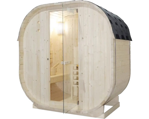 Vatvormige sauna met glazen deur en dakbedekking