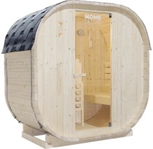 Barrelsauna met glazen deur en dak van shingles