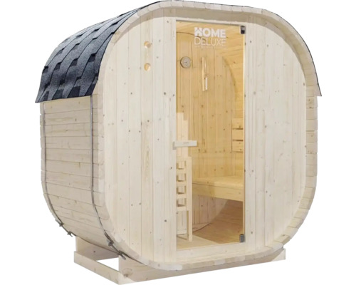 Barrelsauna met glazen deur en dak van shingles