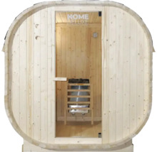 Vatvormige sauna met glazen deur en saunakachel