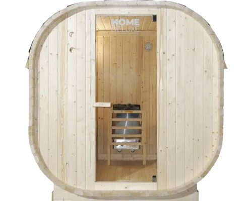 Vatvormige sauna met glazen deur en saunakachel