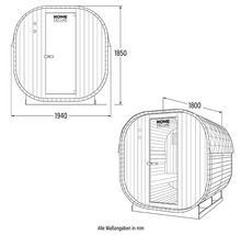 Technische tekening van een barrelsauna met maatvoering