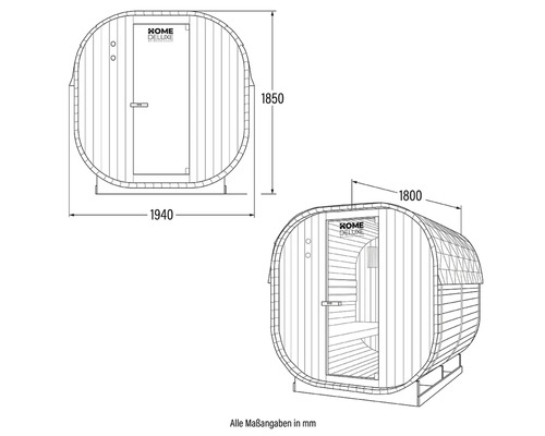 Technische tekening van een barrelsauna met maatvoering