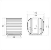 Technische tekening van een barrelsauna met afmetingen