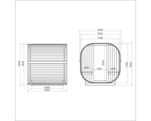 Technische tekening van een barrelsauna met afmetingen