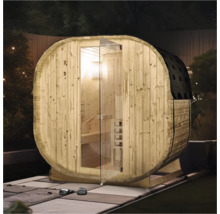 Vatvormige sauna met glazen deur en houten bekleding in de buitenruimte.