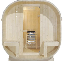 Houten barrel sauna met banken en saunakachel