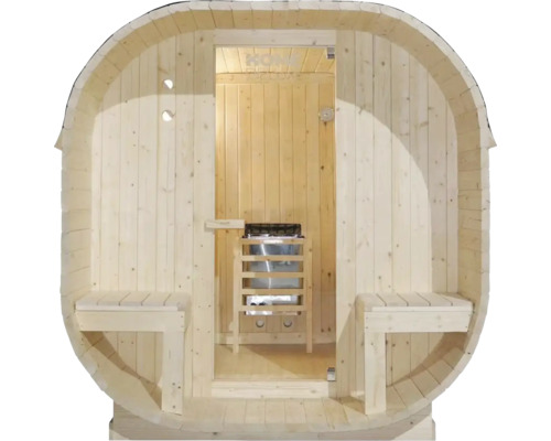 Houten barrel sauna met banken en saunakachel