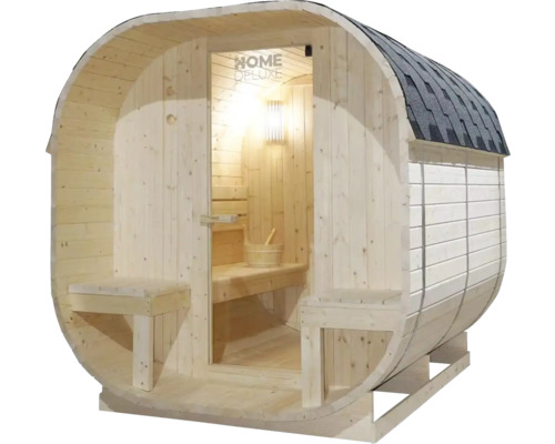 Houten barrel sauna met glazen deur en dakshingles