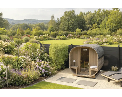Tuin met barrelsauna en beplante border