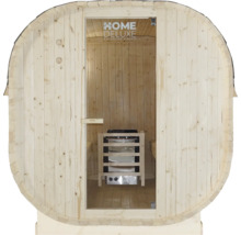 Houten barrelsauna met glazen deur en saunakachel