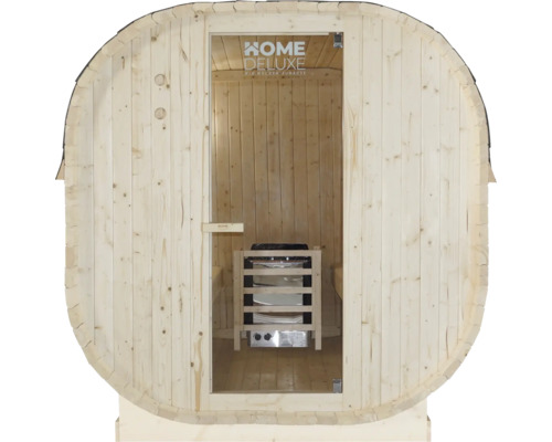 Houten barrelsauna met glazen deur en saunakachel