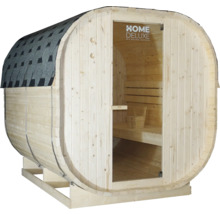 Houten sauna in de vorm van een ton met glazen deur en dakshingles