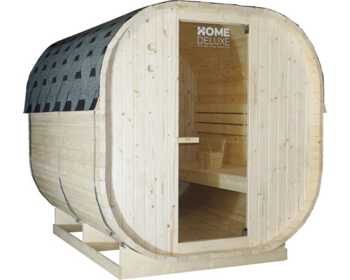 Houten sauna in de vorm van een ton met glazen deur en dakshingles
