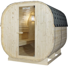 Houten barrel sauna met glazen deur en shingledak