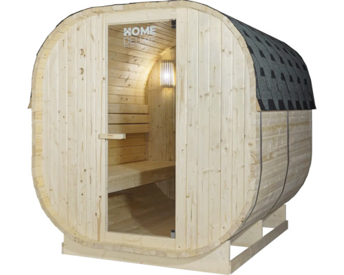 Houten barrel sauna met glazen deur en shingledak