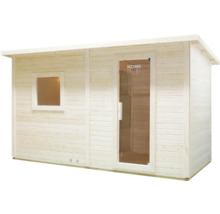 Houten sauna met raam en glazen deur
