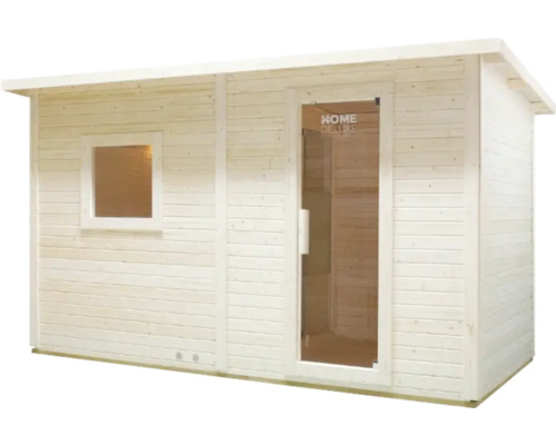 Houten sauna met raam en glazen deur