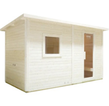 Houten sauna met raam en glazen deur