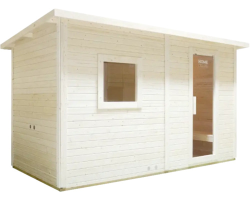 Houten sauna met raam en glazen deur
