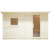 Houten sauna met raam en glazen deur
