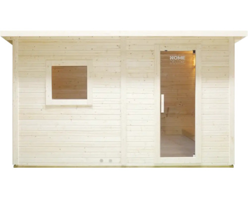 Houten sauna met raam en glazen deur
