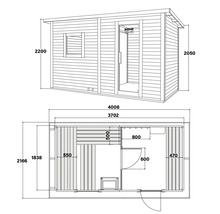 Technische tekening van een tuinhuis met afmetingen