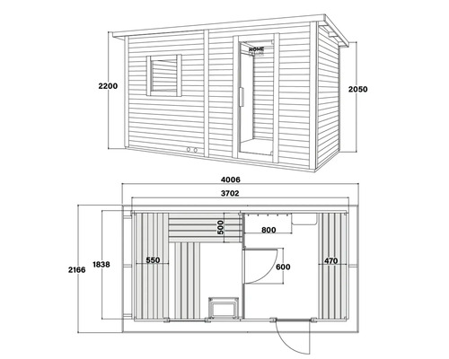 Technische tekening van een tuinhuis met afmetingen
