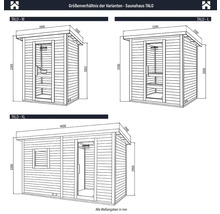 Maatverhouding van de varianten van sauna TALO in de maten M, L en XL met maatdetails.