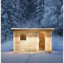 Houten sauna in de sneeuw met raam en glazen deur met Home Deluxe Logo