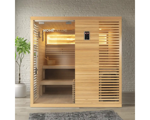 Houten sauna met glazen deur, banken en digitaal bedieningspaneel