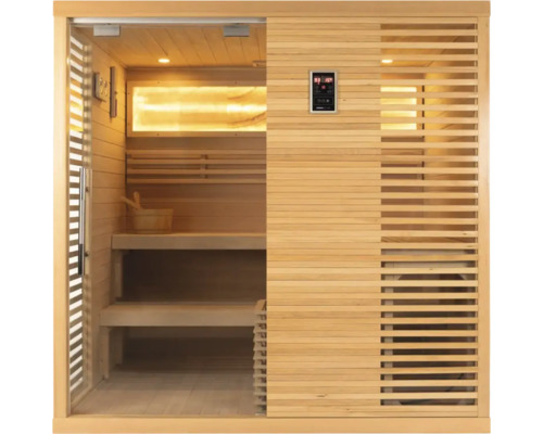 Sauna met houten bekleding, zitelementen en digitaal bedieningspaneel.