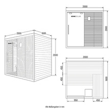 Technische tekening van een Home Deluxe sauna met afmetingen in millimeters