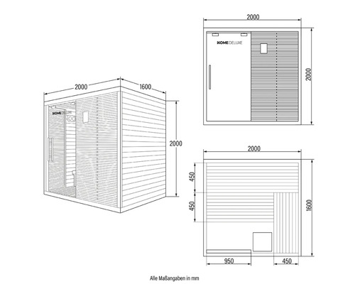 Technische tekening van een Home Deluxe sauna met afmetingen in millimeters