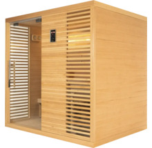 Houten sauna met glazen deur en bedieningspaneel