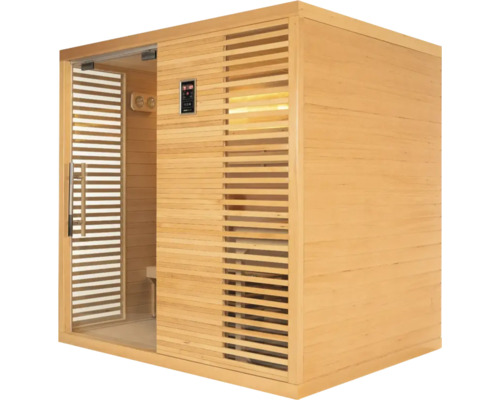 Houten sauna met glazen deur en bedieningspaneel